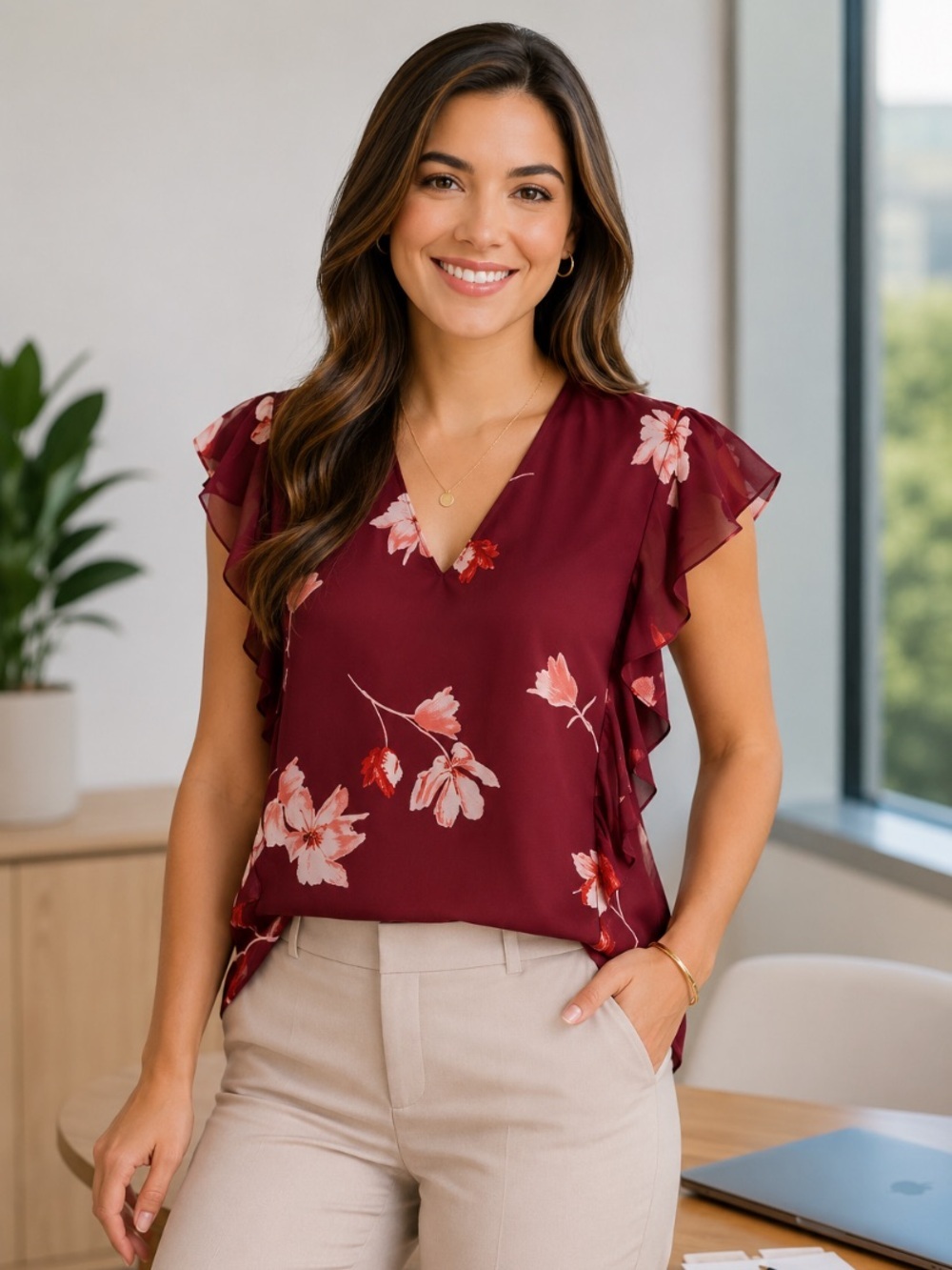Lauren Ralph Lauren "NEW" Burgundy White Crepe Floral Ruffle Blouse Size S